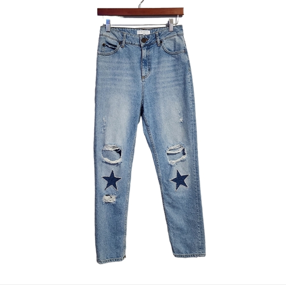 SANDRO PARIS Monaco Pearl Star Embellished Patch Straight Leg jeans size 36 - Picture 1 of 12